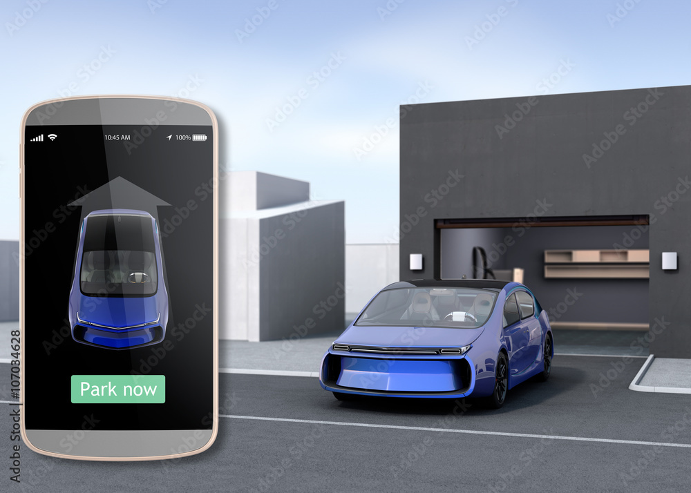 Aufkleber parking car by automatic parking app concept. 3d rendering image.