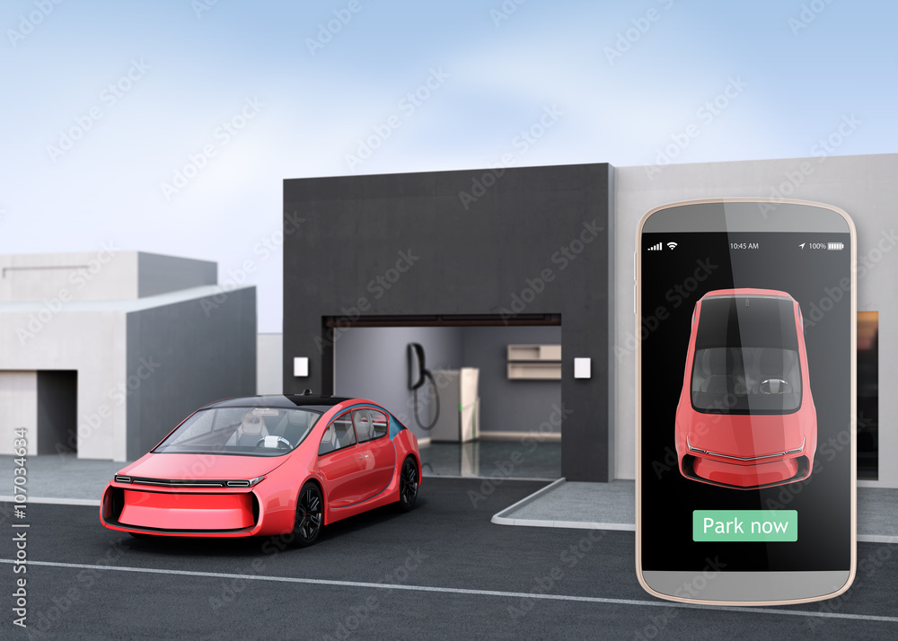 Poster parking car by automatic parking app concept. 3d rendering image.
