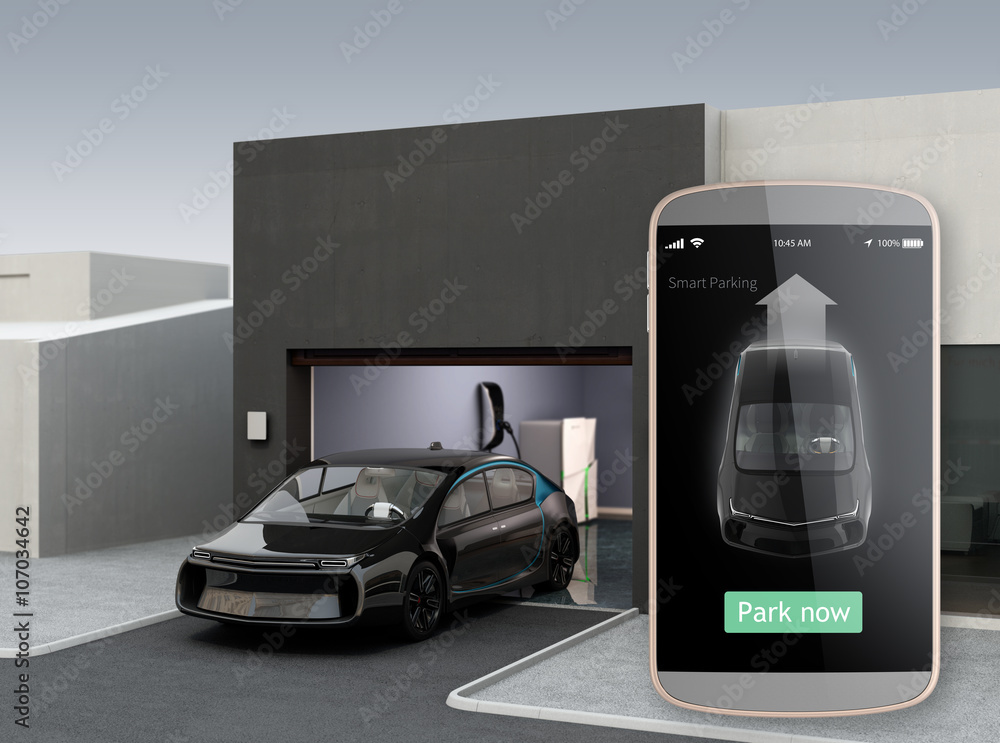 Poster parking car by automatic parking app concept. 3d rendering image.