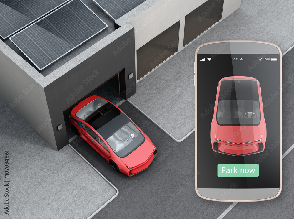 Poster parking car by automatic parking app concept. 3d rendering image.