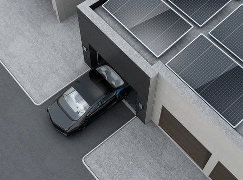 Black car in front of the garage. On the roof there are solar panels for solar energy. 3D rendering image.