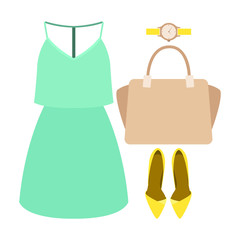 Set of trendy women's clothes with dress and accessories. Vector illustration