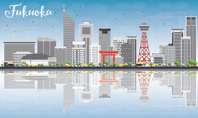 Fukuoka Skyline with Gray Landmarks, Blue Sky and Reflections.