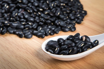 close up spoon of black bean in front of blurry pile of black be