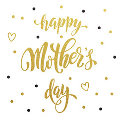 Mothers Day greeting card with gold glitter heart and title.