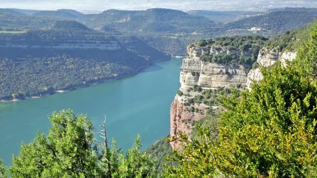 View of Sau reservoir  from high point  in autumn day. Catalonia,  Spain