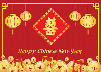 happy Chinese new year card is  lanterns ,Gold coins money ,Reward and chiness word is mean happiness