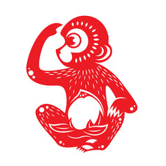 Red paper cut monkey zodiac symbol monkey holding peach
