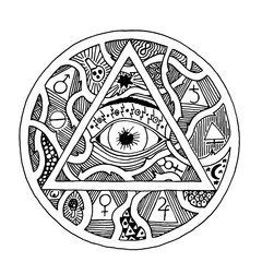 All seeing eye pyramid symbol in tattoo engraving design