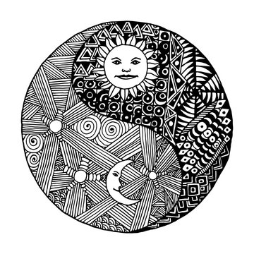 Yin yang  doodle, zentangl, moon at night