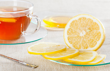 Cup of tea, fresh lemon and honey