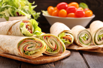 Fresh tortilla wraps with ham cheese and vegetables - obrazy, fototapety, plakaty