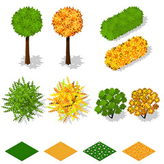 Isometric trees, bushes, grass, flowers.