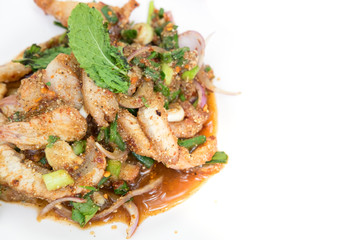 Spicy minced pork salad on white background.