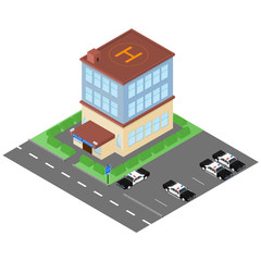 Fototapeta premium The building of the police station in the isometric. Police cars