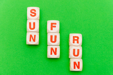 Sun Fun Run, dice with letter that identify three great words.