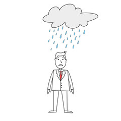 Sad businessman standing under a rainy cloud.