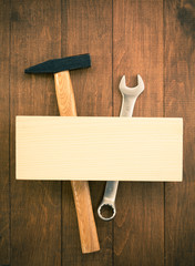 set of tools and instruments on wood