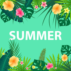 Vector Illustration of an Abstract Background with Tropical Leaves and Flowers