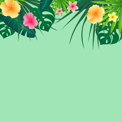 Vector Illustration of an Abstract Background with Tropical Leaves and Flowers