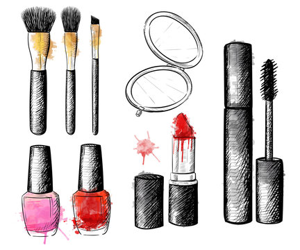 Cosmetics collection. Vector fashion set. Hand drawn graphic lips, eye, heels, mascara, lipstick, nail polish. Sketch vector illustration.