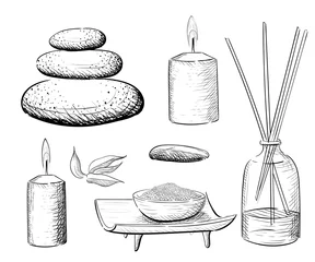 Fotobehang Spa vector set. Rock Salt Essential Oil Jacuzzi Hand draw vector illustration © An-Maler