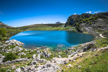 Fototapeta na wymiar Lake Enol and mountain retreat, the famous lakes of Covadonga, A