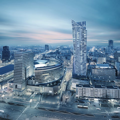Panorama of modern Warsaw by night - obrazy, fototapety, plakaty