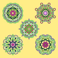 Illustration of set from five round abstract ornament