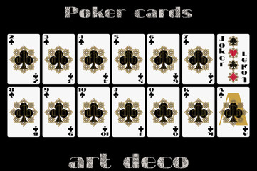 Playing cards club suit. Poker cards in the art deco style. Vector.