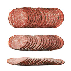 Stack of multiple salami slices isolated