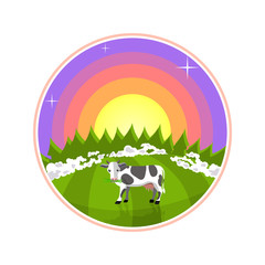 Cartoon illustration of rural areas. Cow in the field at sunrise. Foggy meadow with a cow, forest and sun on background
