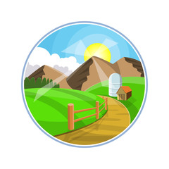 Countryside road landscape illustration. Rural areas with mountains, hills and fields. Nature pathway on farmland.