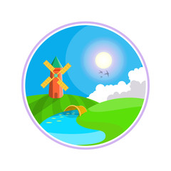 Rural landscape. Hills, clouds on the sky, windmill near the river. Windmill illustration icon