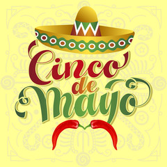 Cinco de Mayo Vector Illustration. Hand Lettered text with Chili