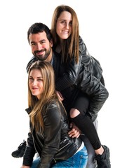 Fototapeta na wymiar Three friends with black leather jacket