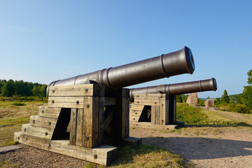 Fototapeta na wymiar Russian cannon of ruined Bomarsund Fortress. Fortress is ruined 19th c fortress in Aland which was destroyed during Crimean War. It was built at time when Aland was part of Russian territory