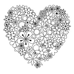 Decorative heart made of black an white flowers for coloring pag