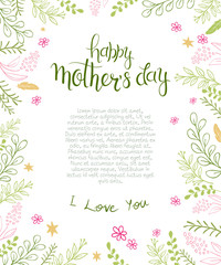 vector hand drawn mothers day blank surround with branches, swirls, flowers and quote - happy mothers day. Can be used as mothers day card or poster