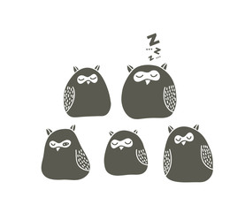 Set of sleeping owls.