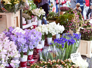 Flower market. Market stall with various fresh flowers and selective focus. 
