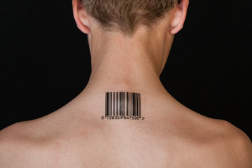 Shirtless individual stamped with bar code on neck
