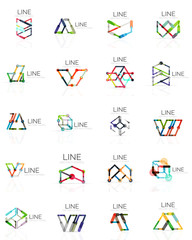 Set of linear abstract logos, connected multicolored segments lines in geometrical figures