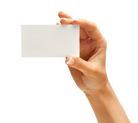 Obraz premium Woman's hand holding business card isolated on white background. Close up