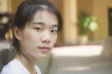 asia thai teenager Women White T-Shirt Writing relax and smile