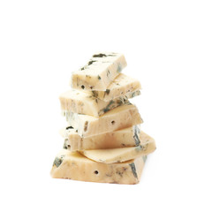 Pile of blue cheese slices isolated