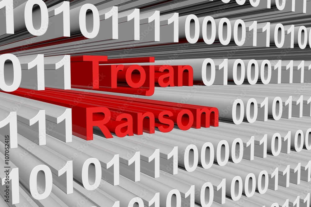 Poster trojan ransom in the form of binary code, 3d illustration