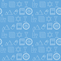 Fototapeta na wymiar Passover seamless pattern background. Jewish holiday Passover symbols. Blue background. Vector illustration