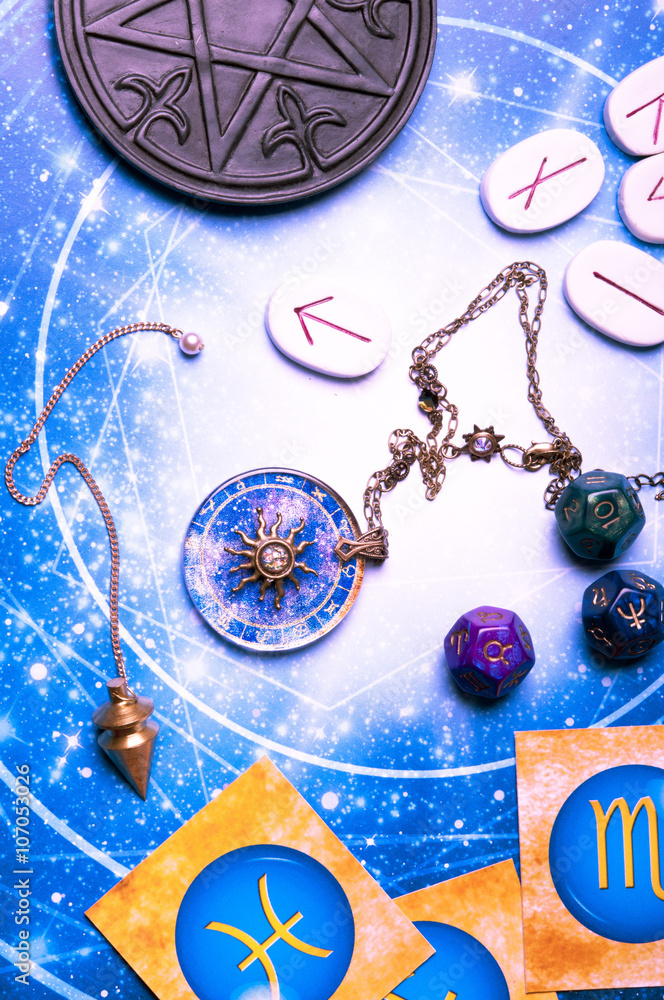 Wall mural esoteric table with astrology and divination objects
