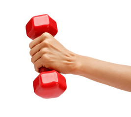 Woman's hand holding dumbbell isolated on white background. Close up, concept of healthy lifestyle